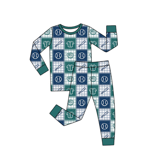 Preorder moq 5 Baby Boys Green Checked Baseballs Checked Team Pajamas Sets
