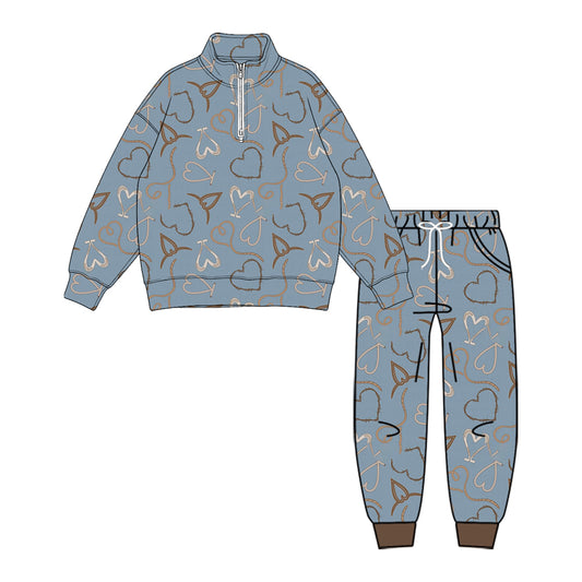 Preorder moq 5 Baby Boys Long Sleeve Hearts Zip Pullovers Pockets Joggers Clothes Set