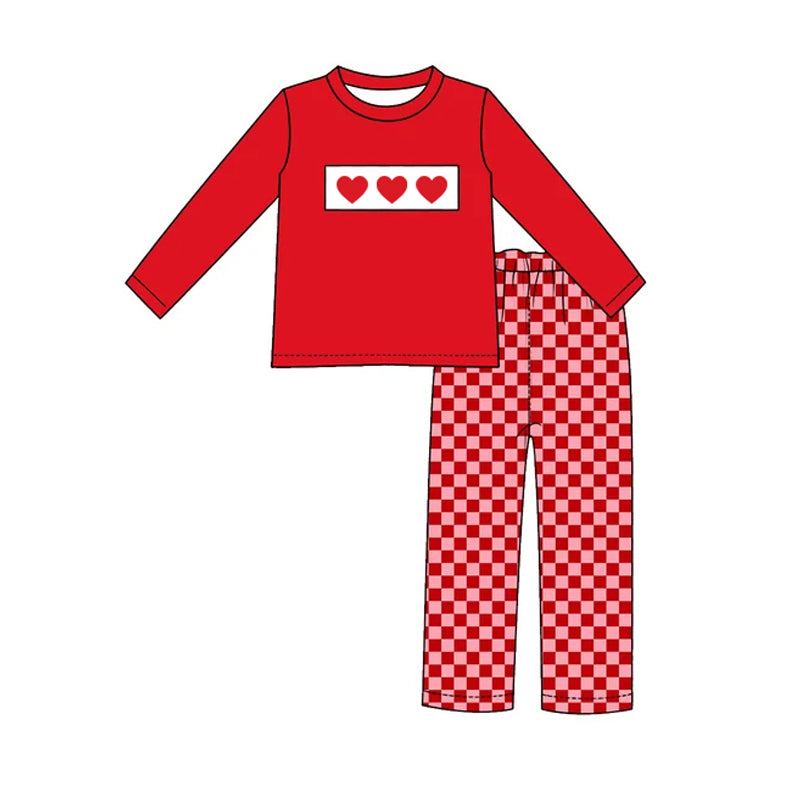Preorder moq 5 Baby Boys Red Hearts Checked Top Flare Pant Valentines Clothes Set