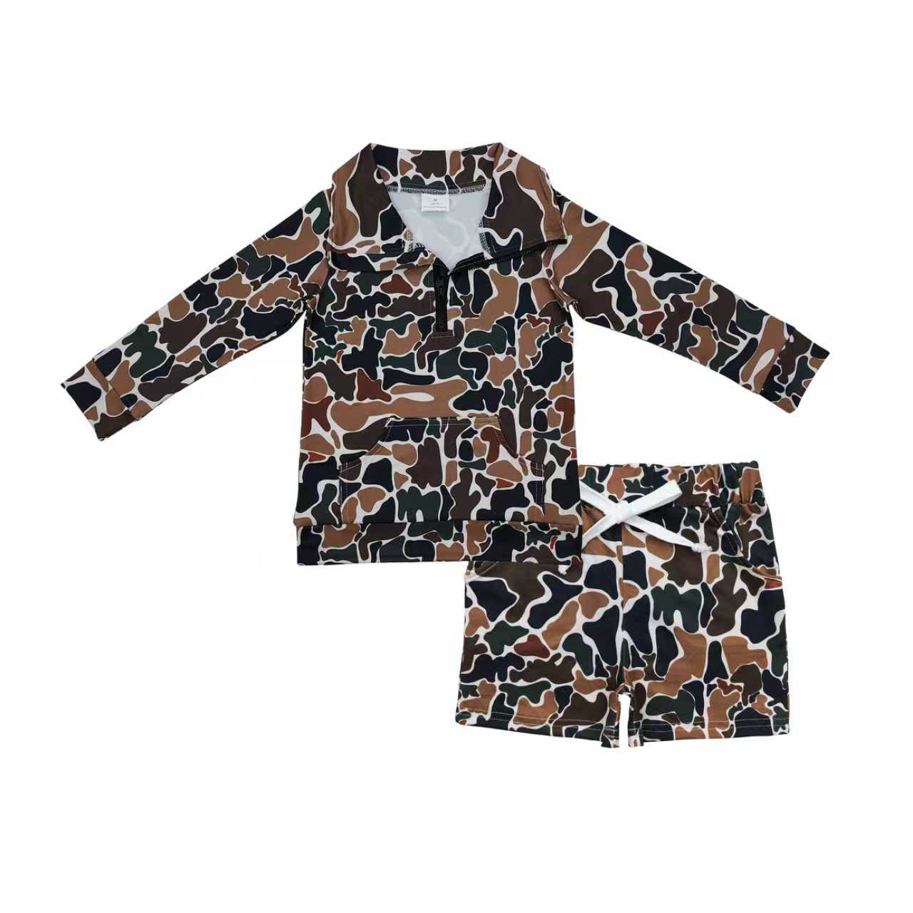Baby Boys Dark Brown Camo Zipper Pocket Pullover Pockets Shorts Southern Clothes Sets