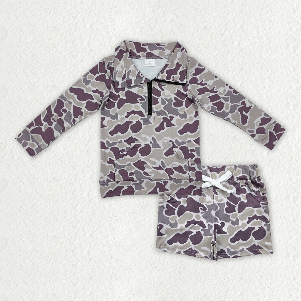 Sibling Baby Boys Long Sleeve Camo Zipper Pullover Pockets Shorts Southern Clothes Set
