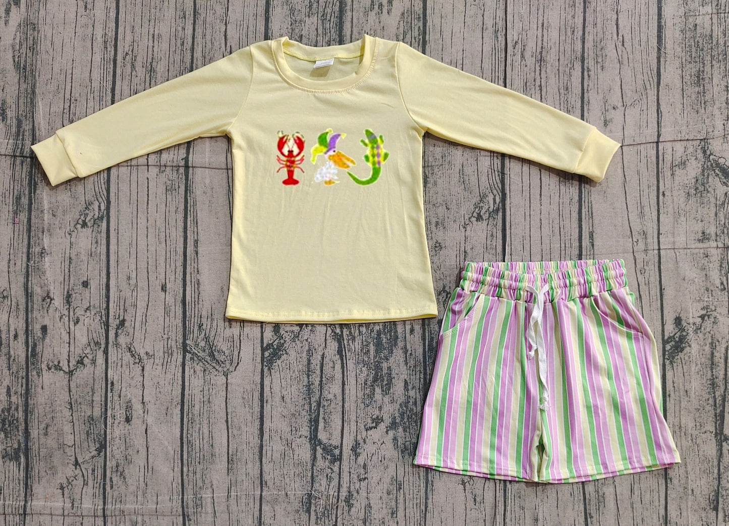 Embroidery Crayfish Crocodiles Baby Boys Mardigras Stripe Pockets Shorts Clothes Sets Preorder