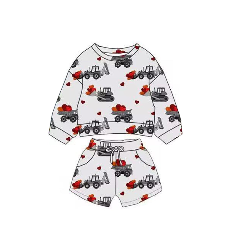Baby Boys Tractors Hearts Long Sleeve Top Pockets Shorts Valentine Clothes Sets Preorder