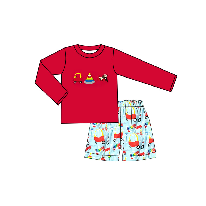 Baby Boys Red Long Sleeve Dogs Trucks Top Shorts Clothes Sets Preorder