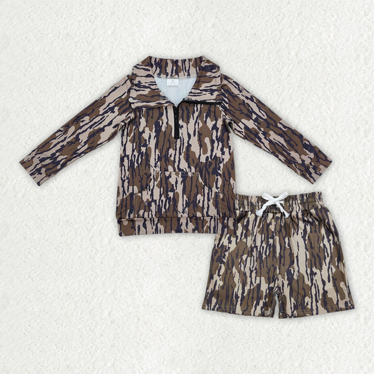 Baby Boys Southern Olive Camo Zipper Pockets Top Shorts Hunting Clothes Sets