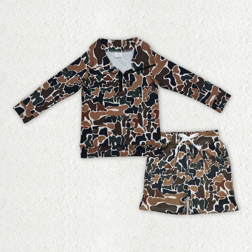 Baby Boys Southern Dark Brown Camo Zipper Pockets Top Shorts Hunting Clothes Sets