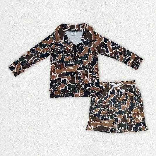 Baby Boys Southern Dark Brown Camo Zipper Pockets Top Shorts Hunting Clothes Sets