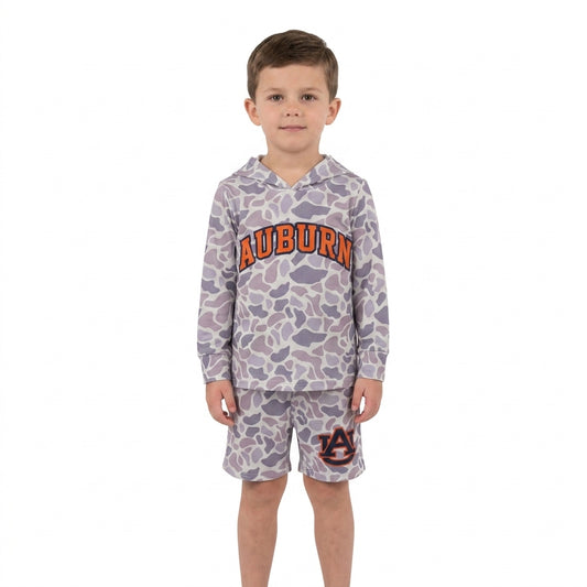 Baby Boys Light Grey Camo Auburn Long Sleeve Hoodie Pockets Short Team Clothes Set