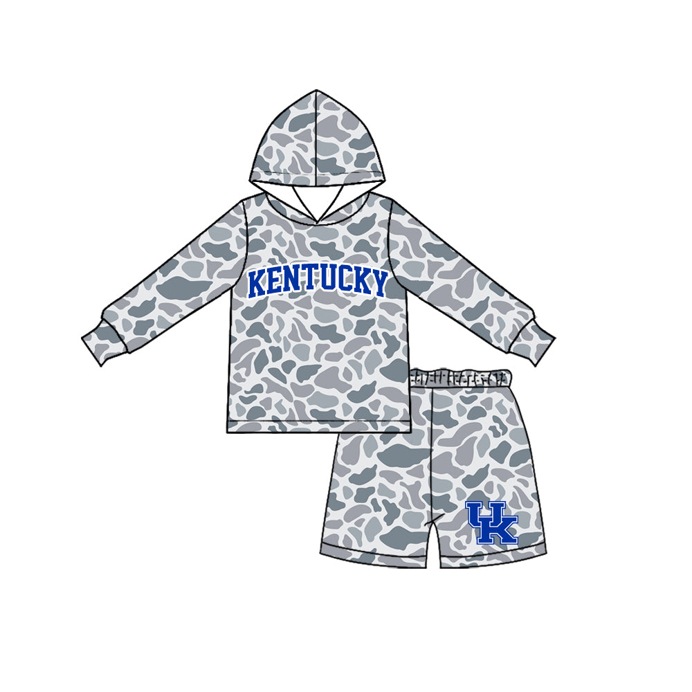 Preorder moq 5 Baby Boys Grey Camo Kentucky Long Sleeve Hoodie Short Team Clothes Set