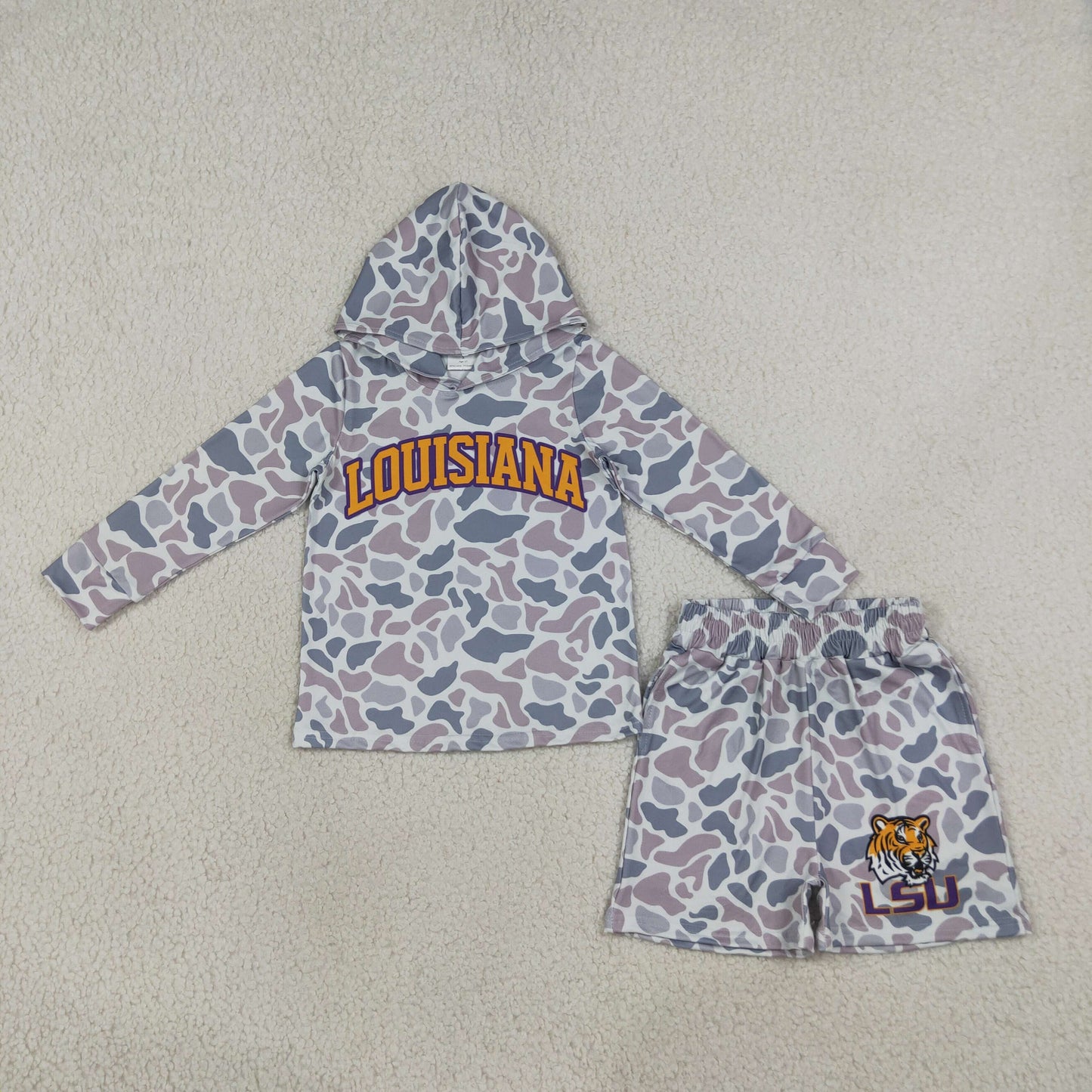 Baby Boys Light Grey Camo Louisiana Long Sleeve Hoodie Short Team Clothes Set
