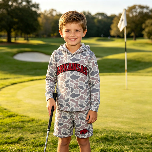 Baby Boys Light Grey Camo Arkansas Long Sleeve Hoodie Pockets Short Team Clothes Set