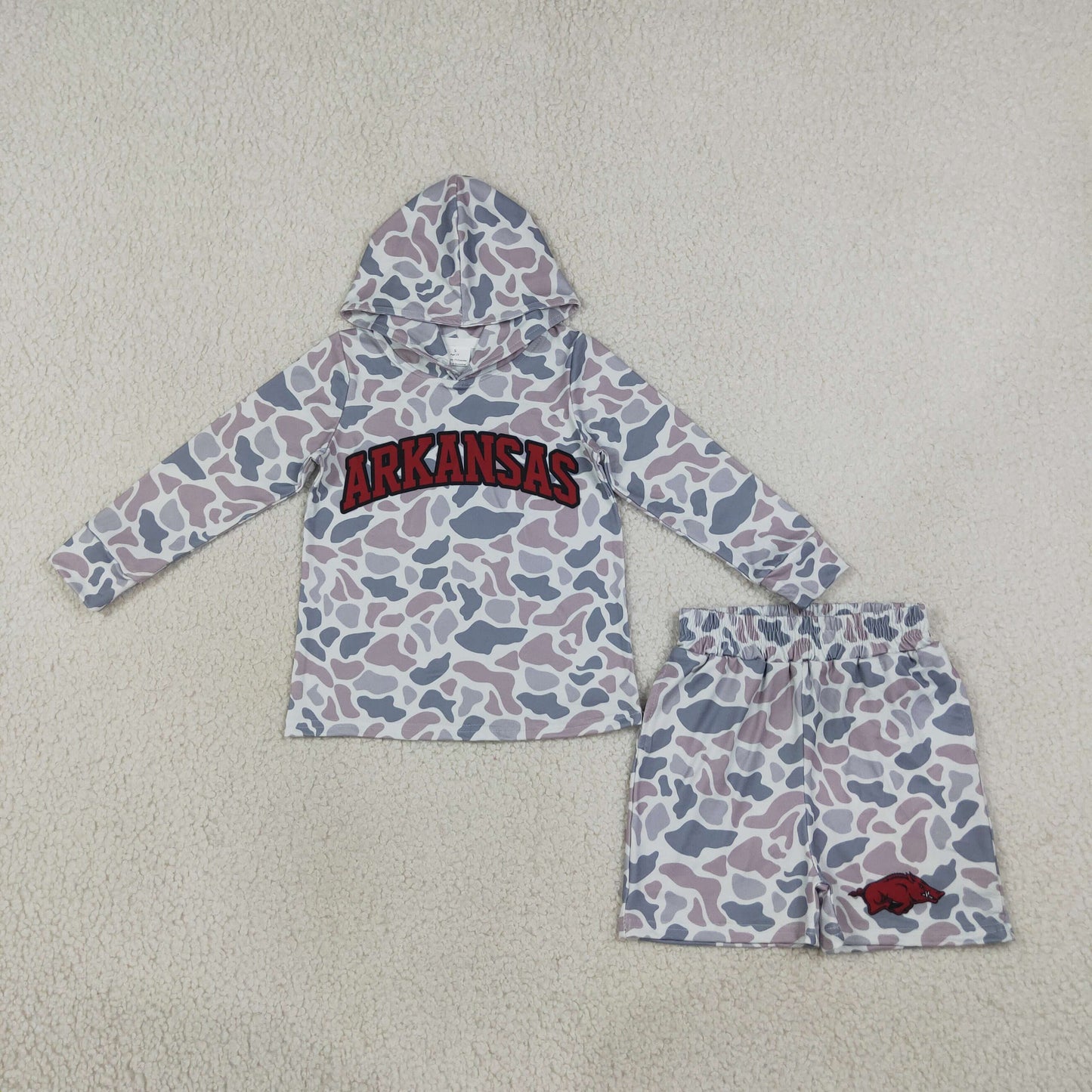 Baby Boys Light Grey Camo Arkansas Long Sleeve Hoodie Pockets Short Team Clothes Set