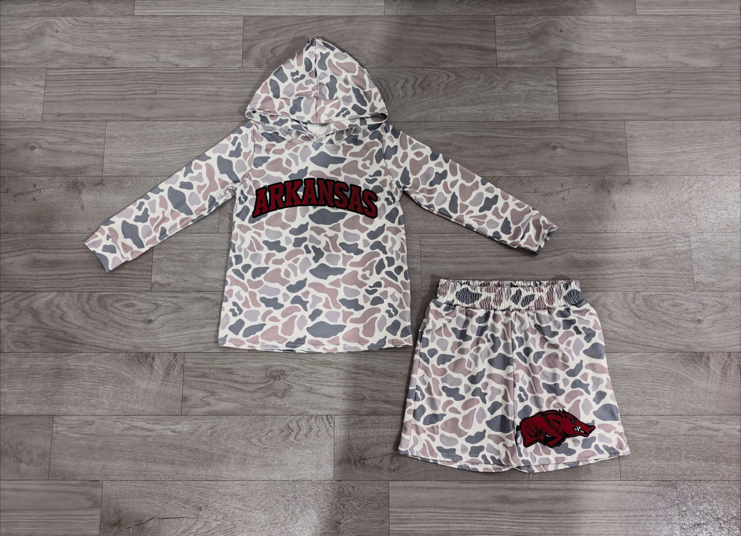 Baby Boys Grey Camo Arkansas Long Sleeve Hoodie Short Team Clothes Set Preorder