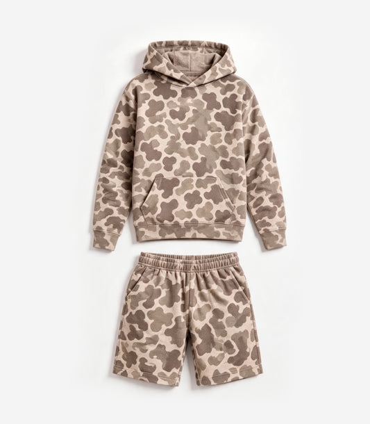 Preorder moq 5 Baby Boys Long Sleeve Khaki Camo Hoodie Top Pocket Short Clothes Set