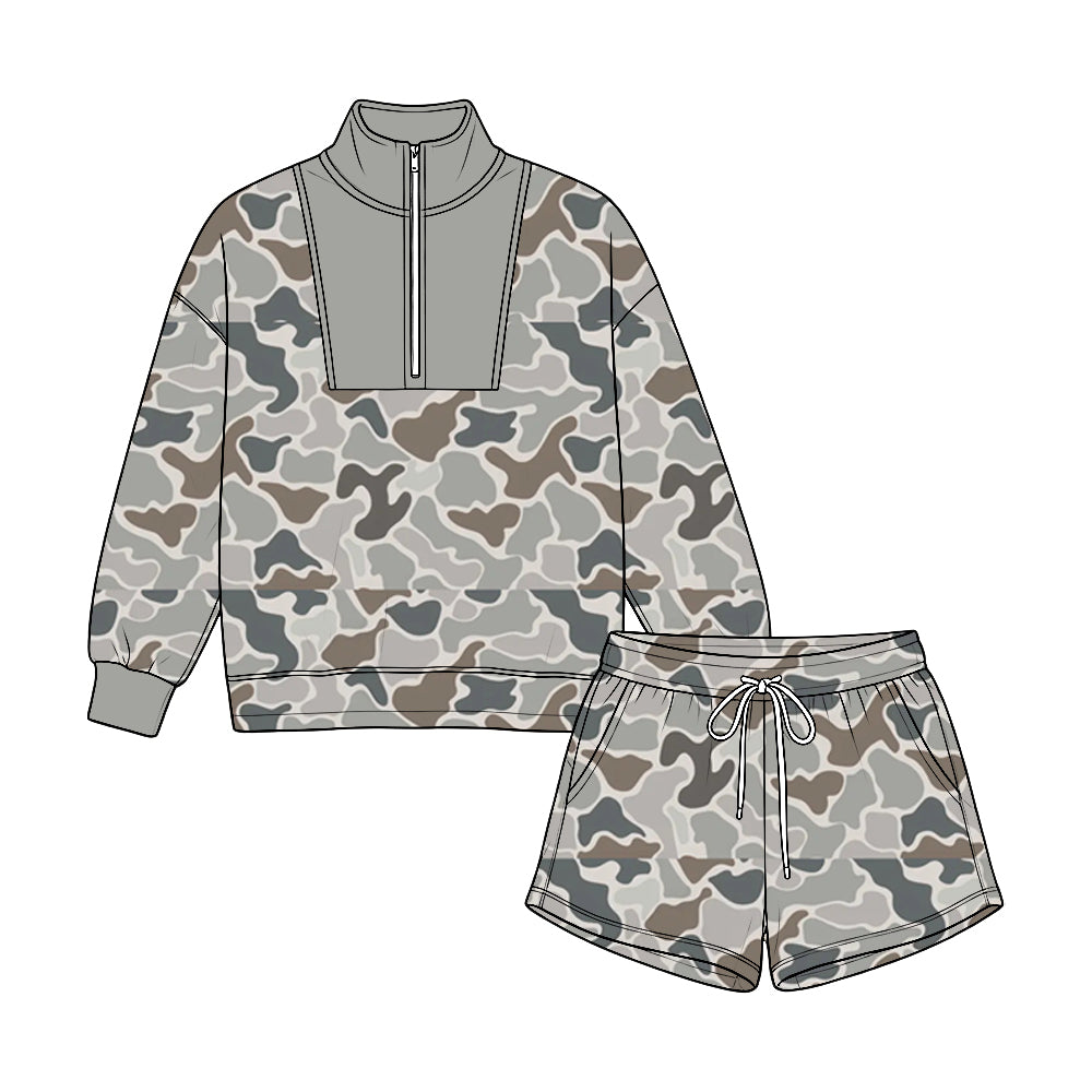 Preorder moq 5 Baby Boys Grey Camo Long Sleeve Zip Pullovers Pockets Short Clothes Set