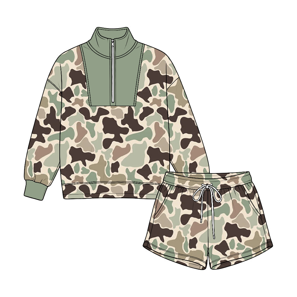 Preorder moq 5 Baby Boys Khaki Camo Long Sleeve Zip Pullovers Pockets Short Clothes Set
