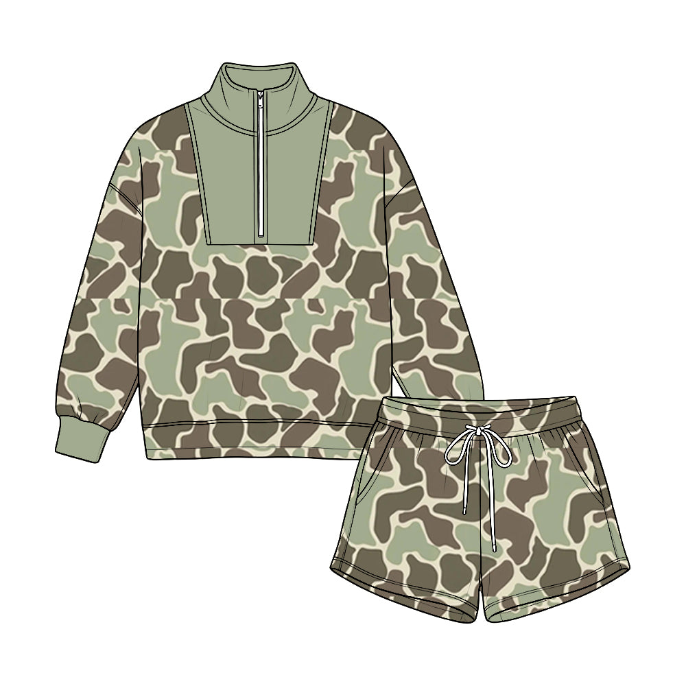 Preorder moq 5 Baby Boys Green Camo Long Sleeve Zip Pullovers Pockets Short Clothes Set