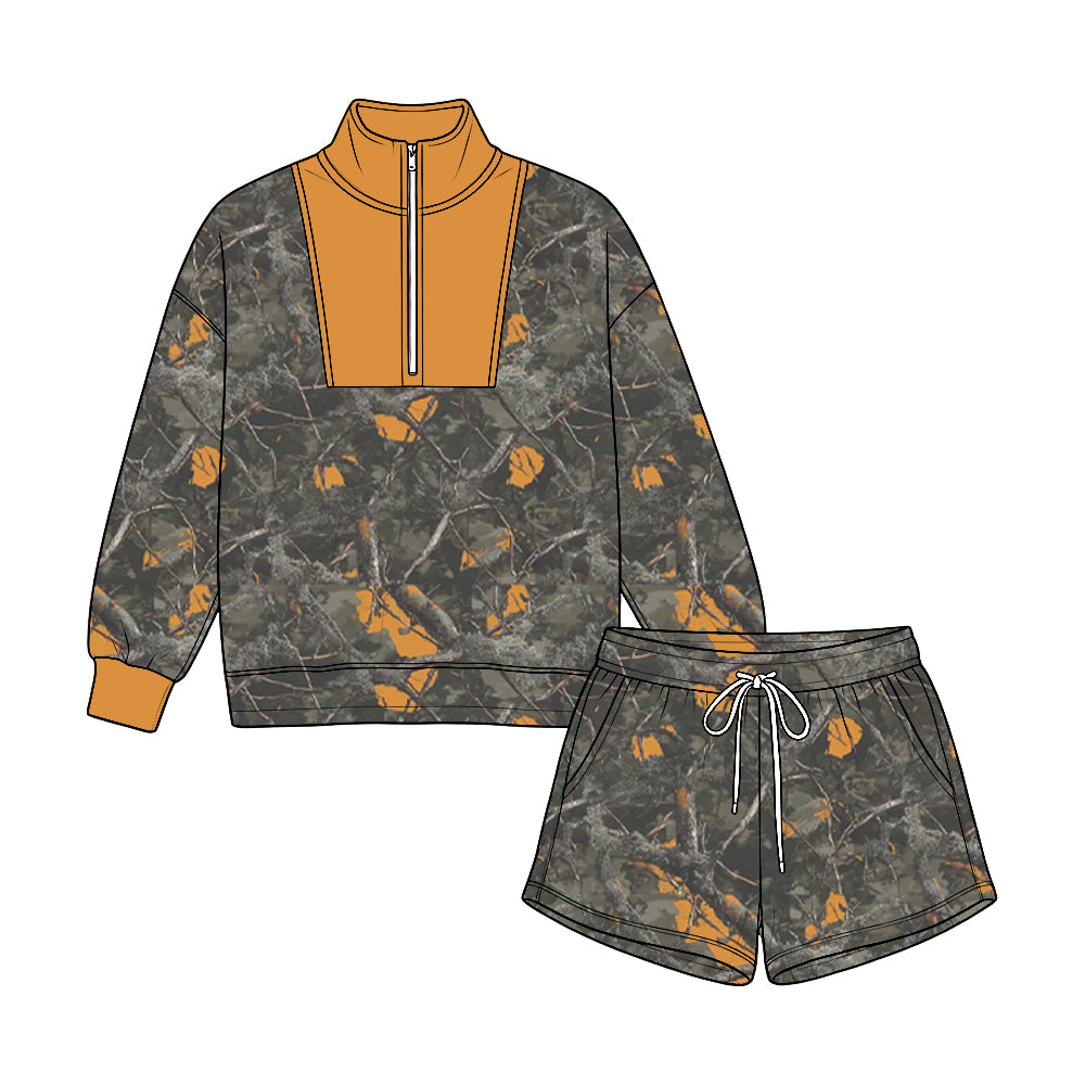 Preorder moq 5 Baby Boys Leaves Camo Long Sleeve Zip Pullovers Pockets Short Clothes Set