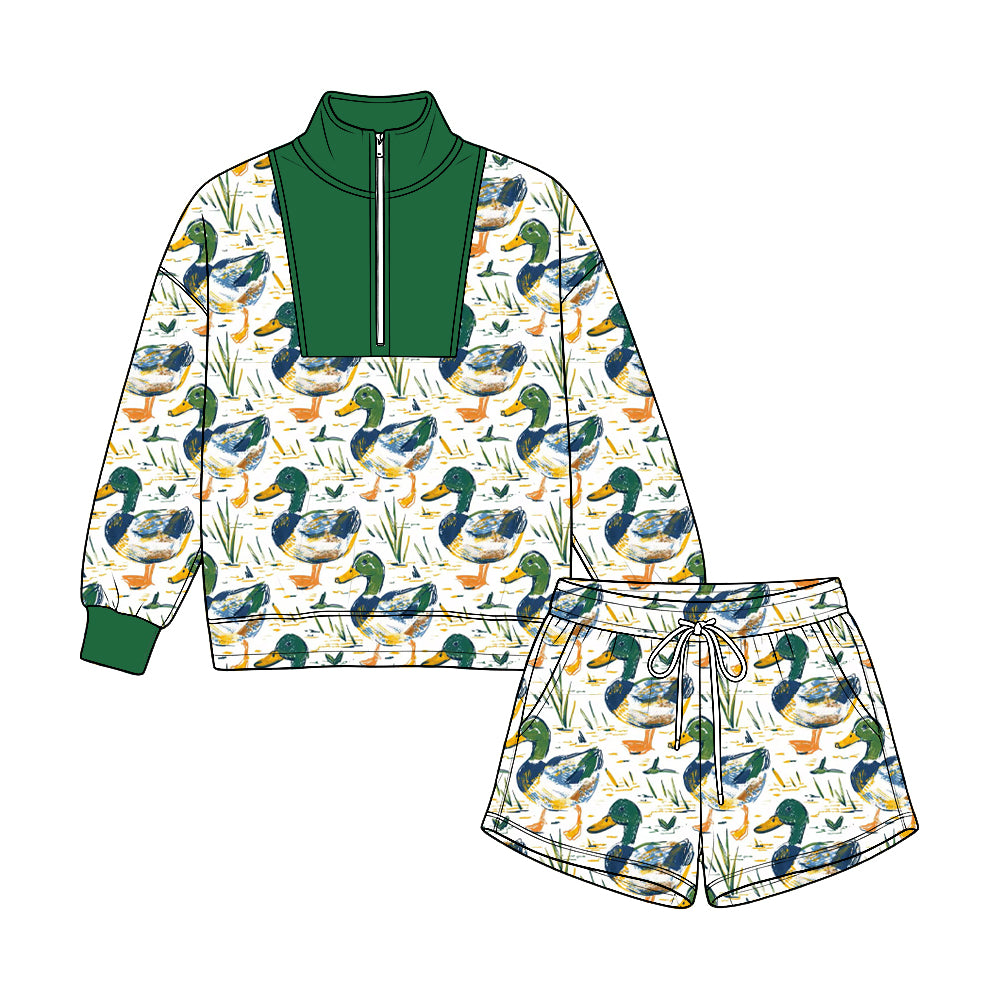 Preorder moq 5 Baby Boys Ducks Plaid Long Sleeve Zip Pullovers Pockets Short Clothes Set