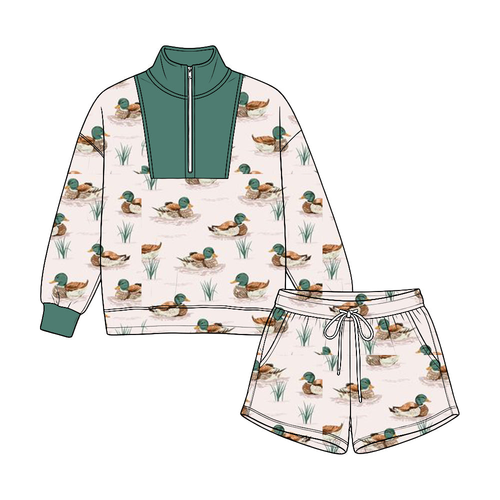 Preorder moq 5 Baby Boys Ducks Plaid Long Sleeve Zip Pullovers Pockets Short Clothes Set