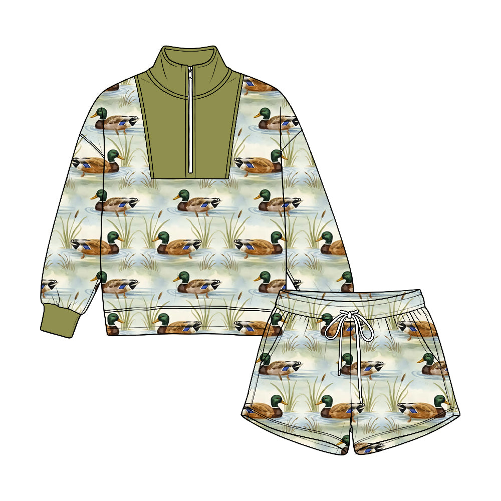 Preorder moq 5 Baby Boys Ducks Plaid Long Sleeve Zip Pullovers Pockets Short Clothes Set