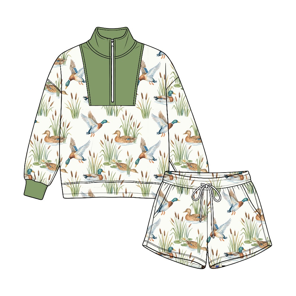 Preorder moq 5 Baby Boys Ducks Plaid Long Sleeve Zip Pullovers Pockets Short Clothes Set