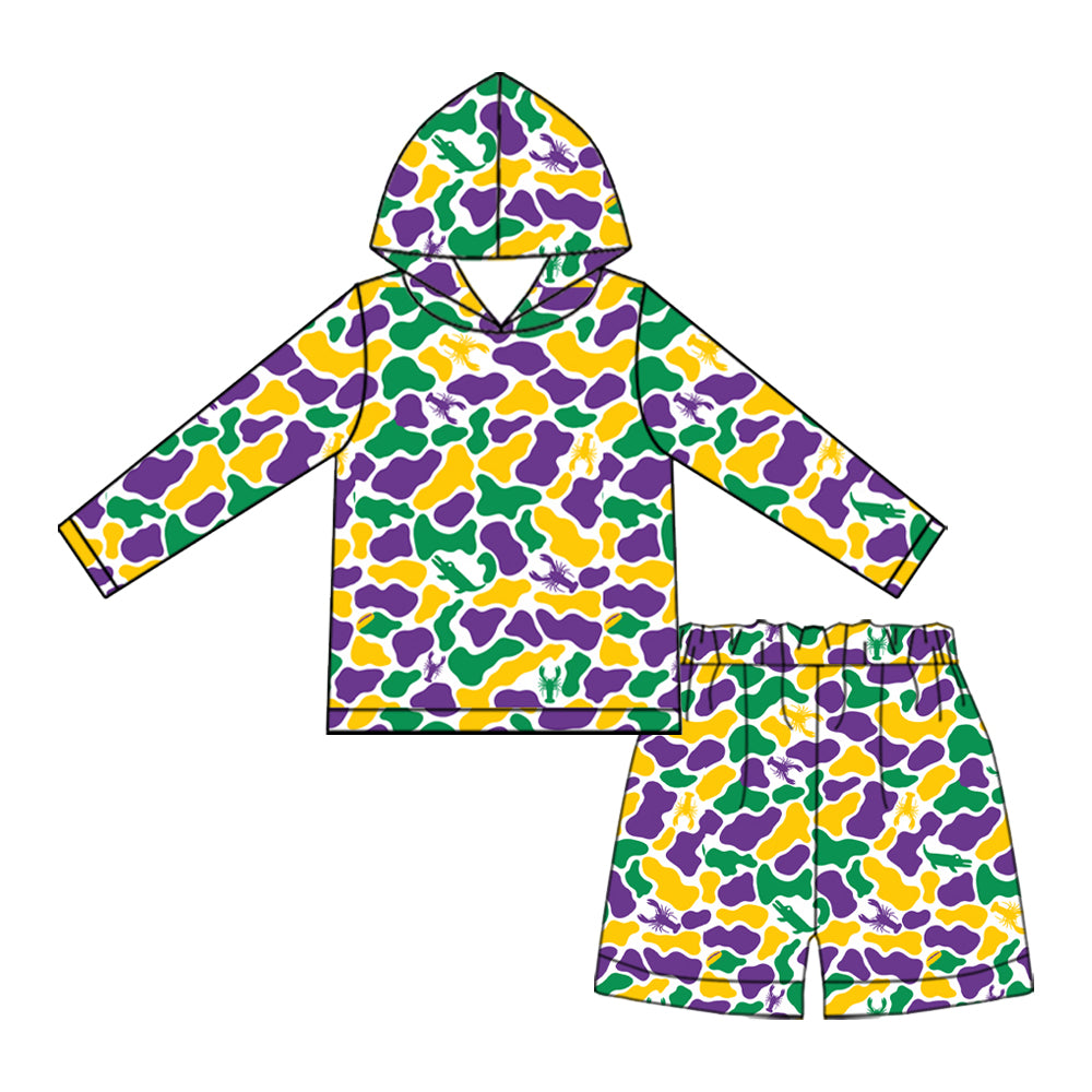 Preorder moq 5 Baby Boys Mardigras Camo Crayfishes Hoodie Top Short Clothes Set