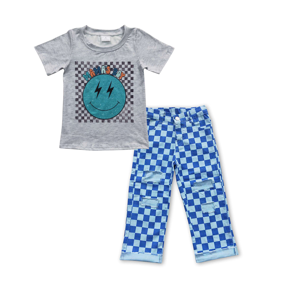 Mama's Boy Tee Shirts Blue Checkered Denim Pants Kids Clothes Sets