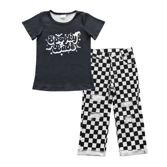 Baby Kids Halloween Spooky Black Denim Pants Clothes Sets