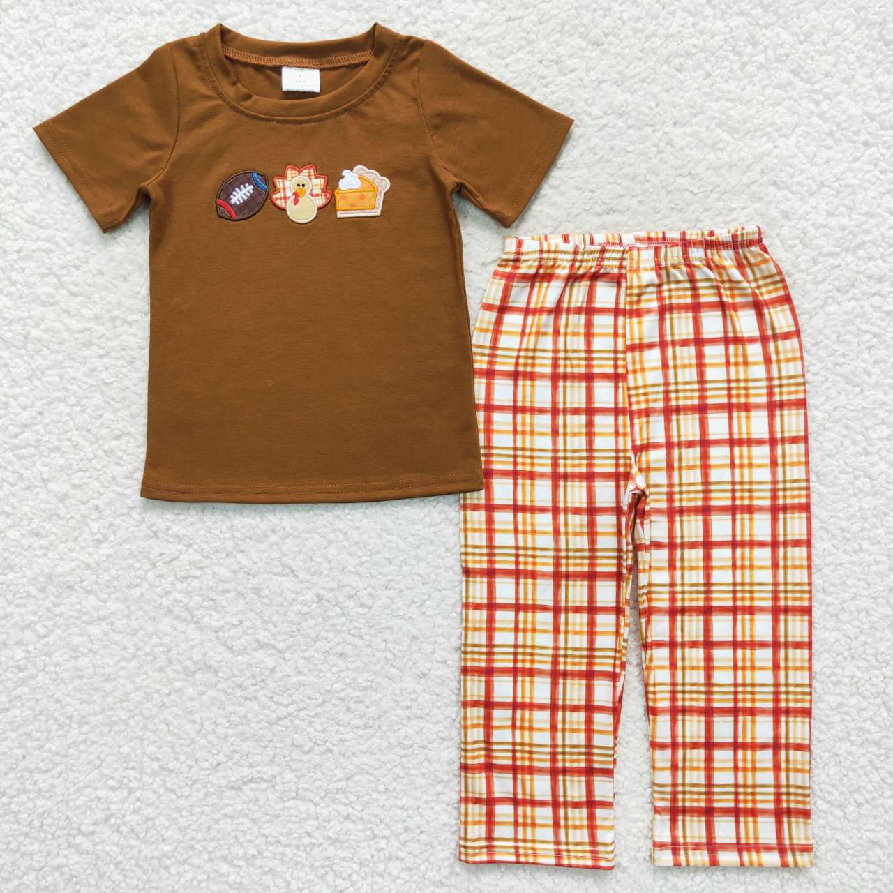 Sibling Baby Boys Girls Embroidery Turkey Pie Short Sleeves Pants Thanksgiving Clothes Sets