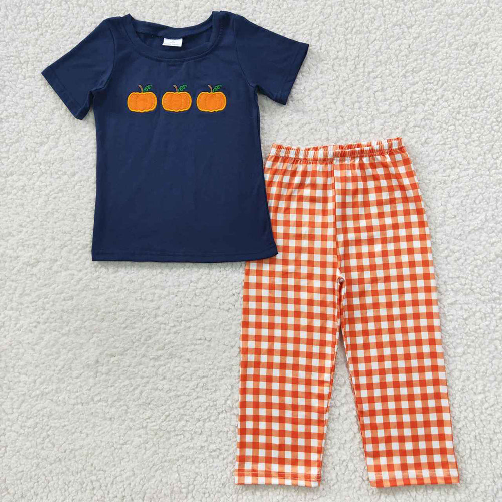 Sibling Baby Boys Embroidery Pumpkins Trucks Top Checked Stripe Pants Fall Clothes Sets
