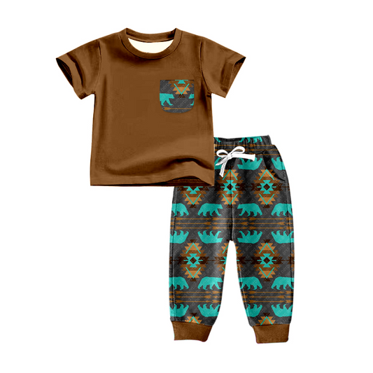 Baby Boys Aztec Pocket Tee Bear Pants Clothes Sets preorder（moq 5）