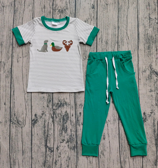 Embroidery Duck Deer Dog Baby Boys Stripes Top Pockets Pants Sets