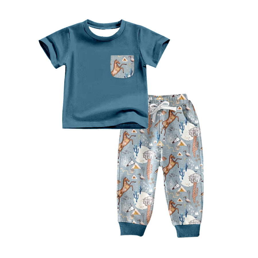 Baby Boys Blue Short Sleeve Tee Shirts Western Horse Pants Clothes Sets preorder