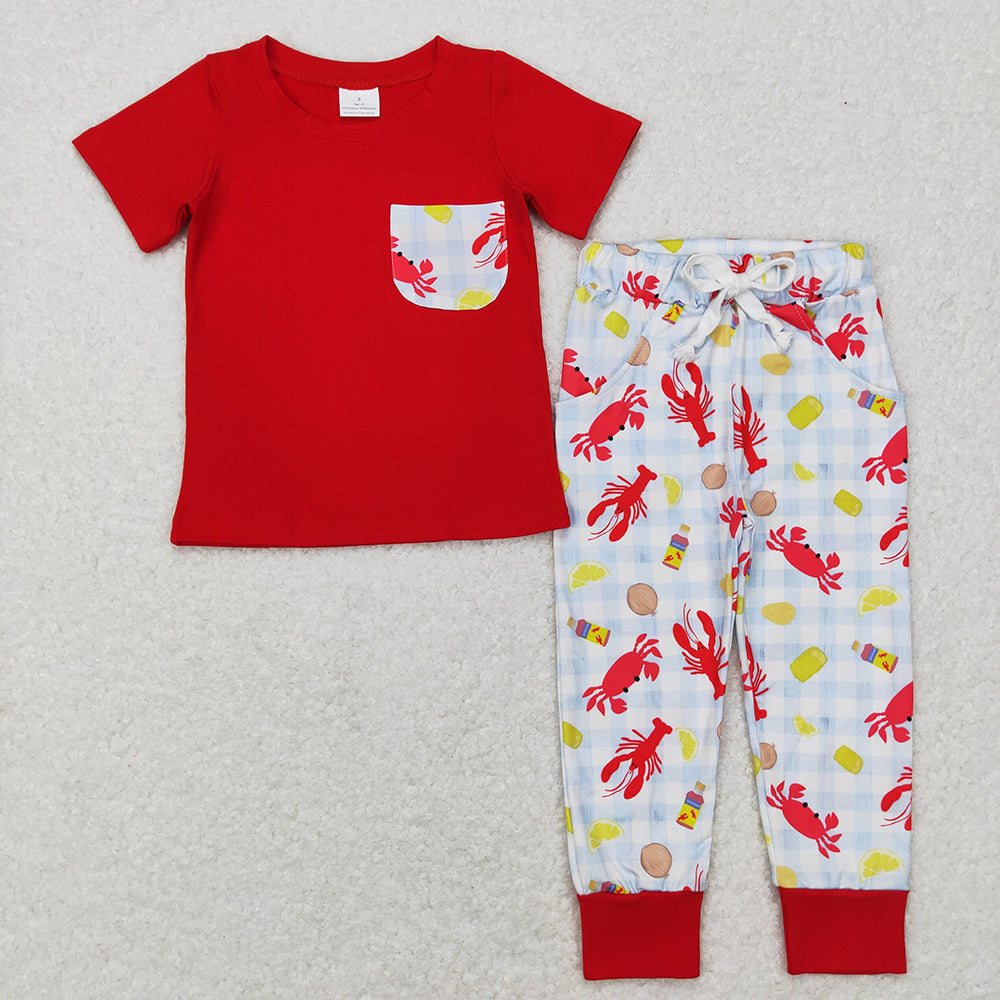 Baby Boys Red Short Sleeve Pocket Top Crawfish Pants Clothing Sets