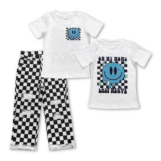 Baby Boys Smile Shirts Black Checkered Denim Pants Clothes Sets