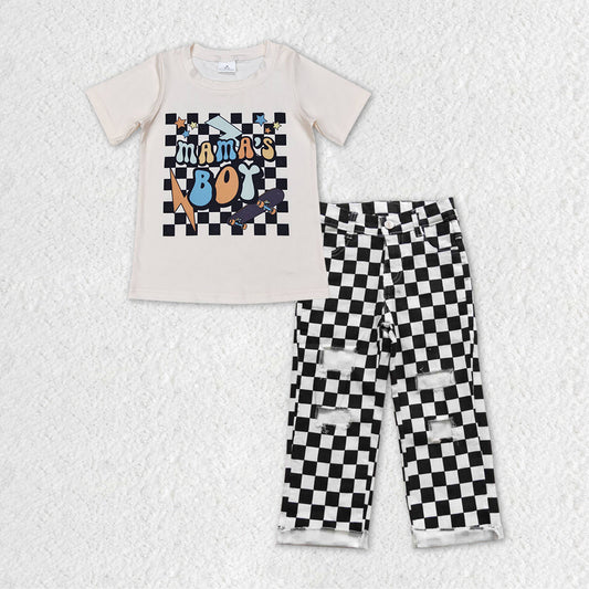 Baby Boys Mama's Boy White Top Black Checkered Denim Pants Clothes Sets
