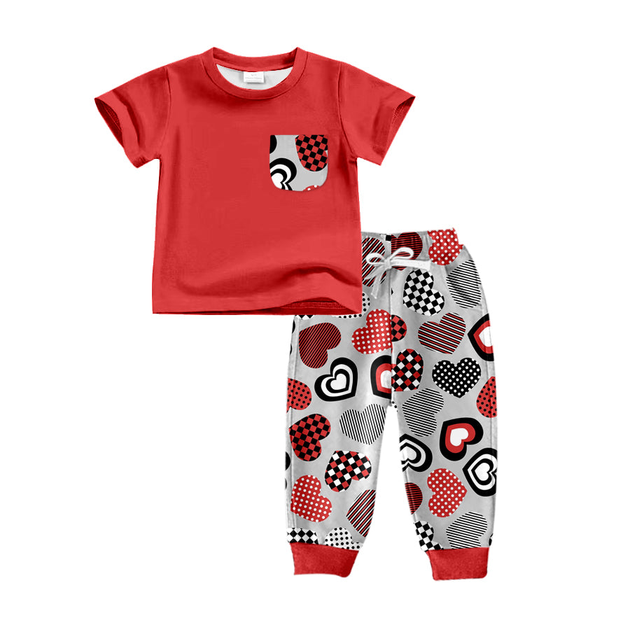 Baby Boys Valentines Hearts Raglan Pocket Tops Pants Clothes Sets Preorder