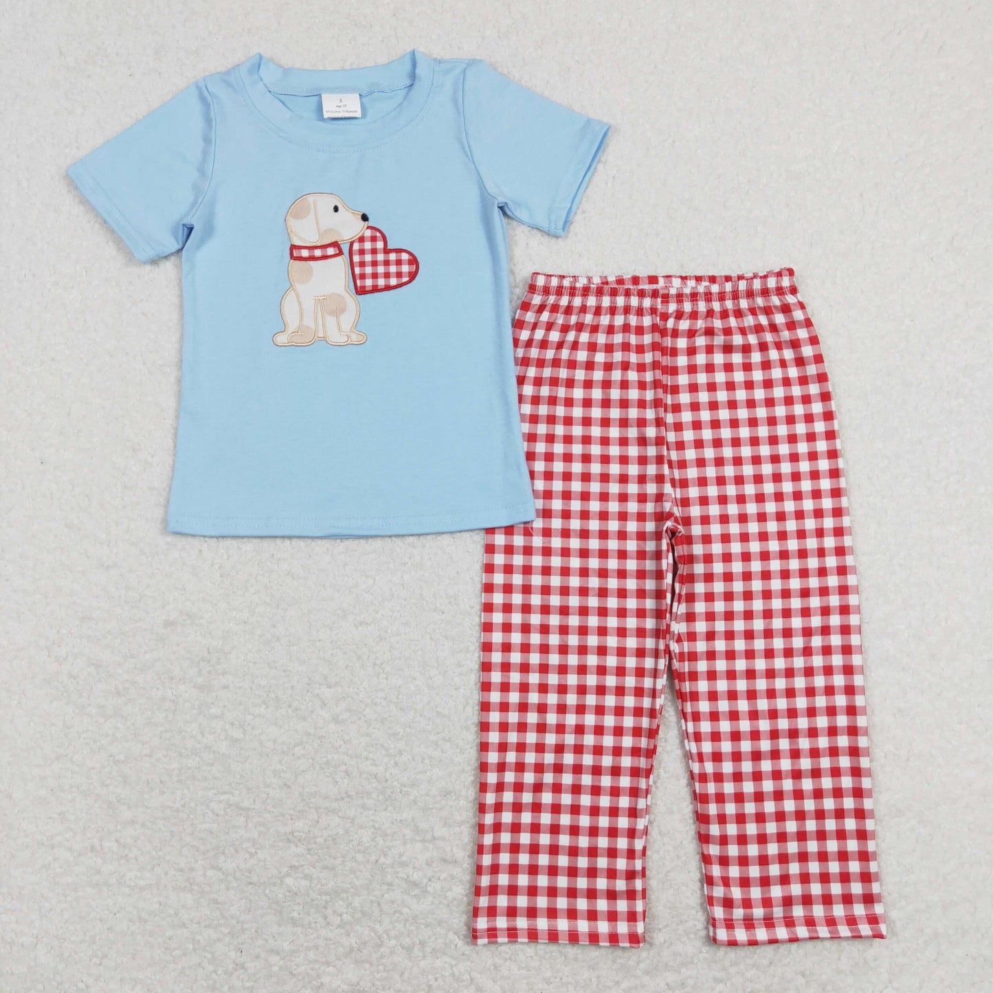 Sibling Baby Boys Girls Embroidery Heart Dogs Red Checked Pant Bummies Valentines Clothes Sets