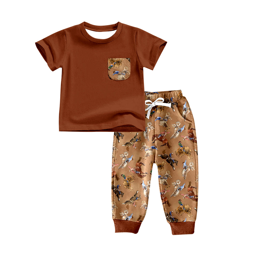 Baby Boys Western Rodeo Brown Tops Cowboys Pants Clothes Sets Preorder