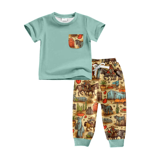 Baby Boys Horse Tee Tops Pants Western Cactus Clothes Sets Preorder