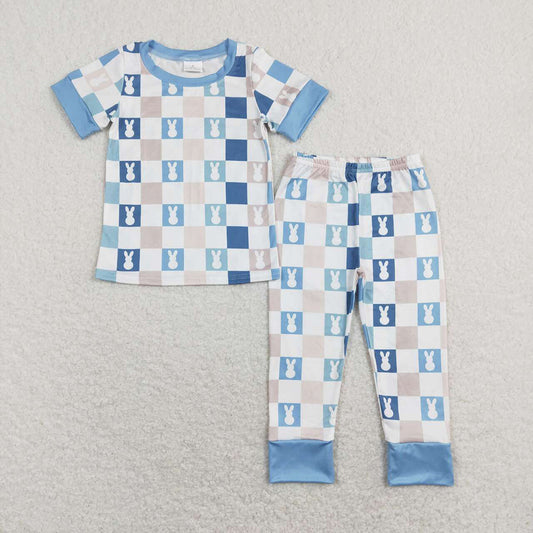 Sibling Baby Boys Blue Checkered Rabbits Rompers Pajamas Outfits Sets