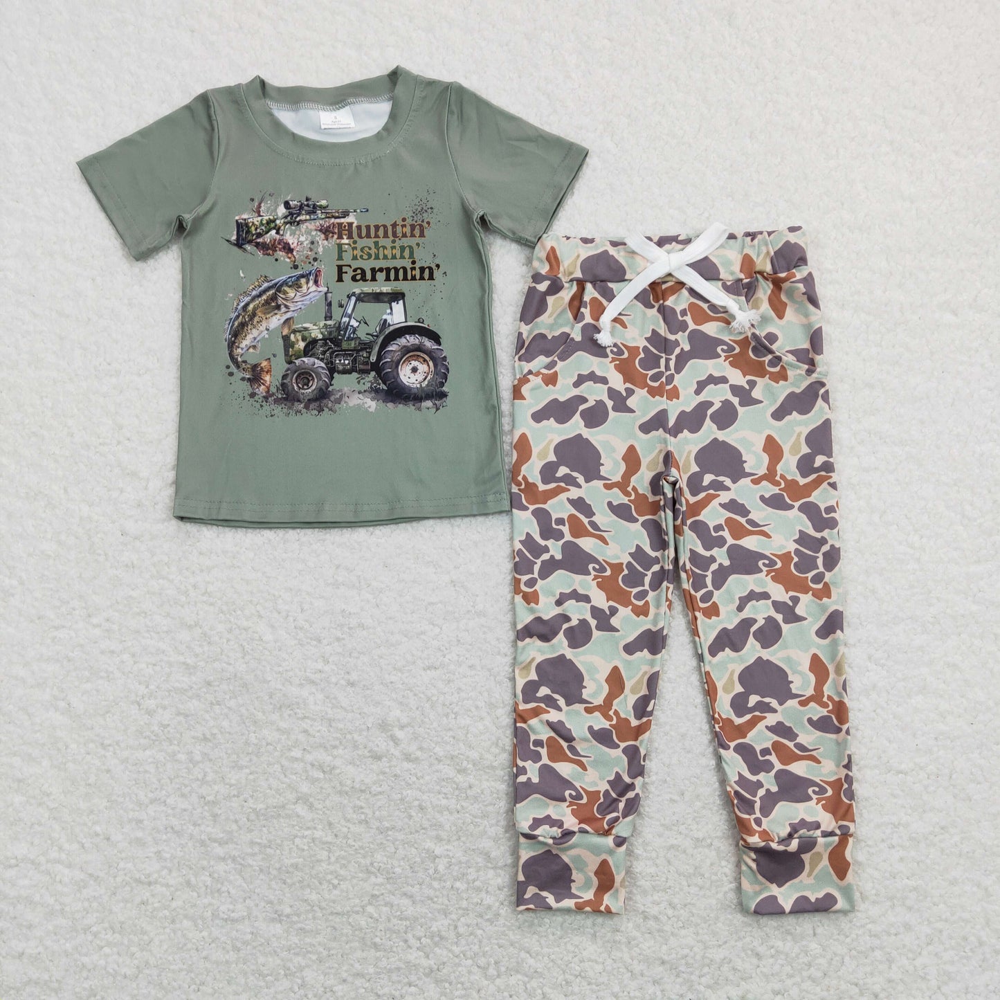 Sibling Baby Boys Short Sleeve Hunting Fishing Top Pockets Camo Pants Clothes Sets