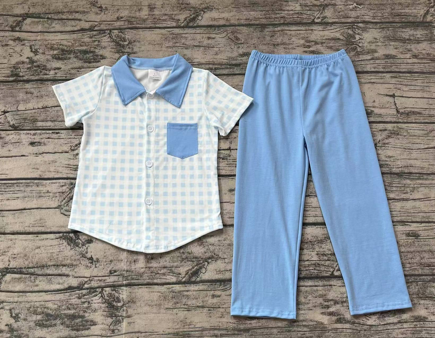 Baby Boys Blue Checkered Short Sleeve Tee Shirt Top Pants Clothes Sets