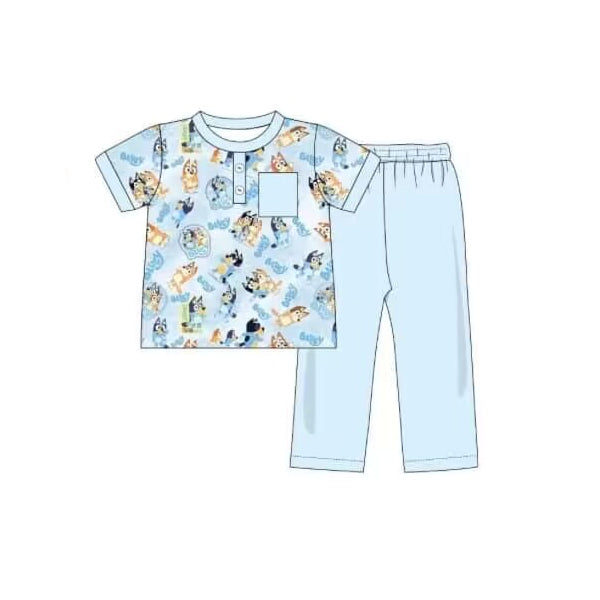 Baby Boys Blue Dogs Short Sleeve Pocket Shirt Top Pants Clothes Sets Preorder(moq 5)