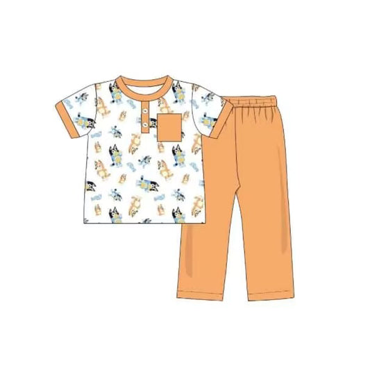 Baby Boys Orange Dogs Short Sleeve Pocket Shirt Top Pants Clothes Sets Preorder(moq 5)