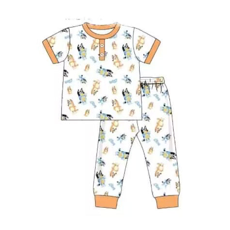 Baby Boys Orange Dogs Short Sleeve Shirt Top Pants Pajamas Clothes Sets Preorder(moq 5)