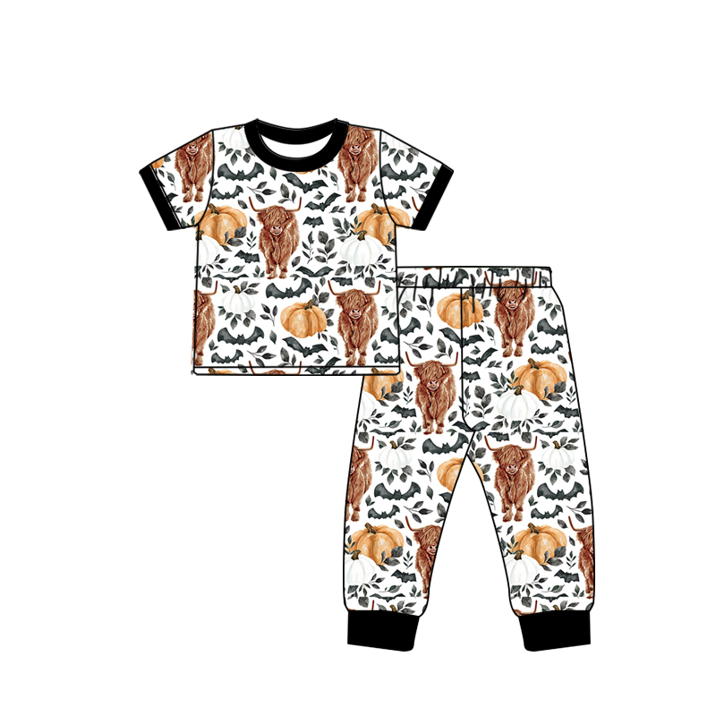 Baby Boys Black Pumpkin Highland Cow Shirt Pants Pajamas Clothes Sets Preorder