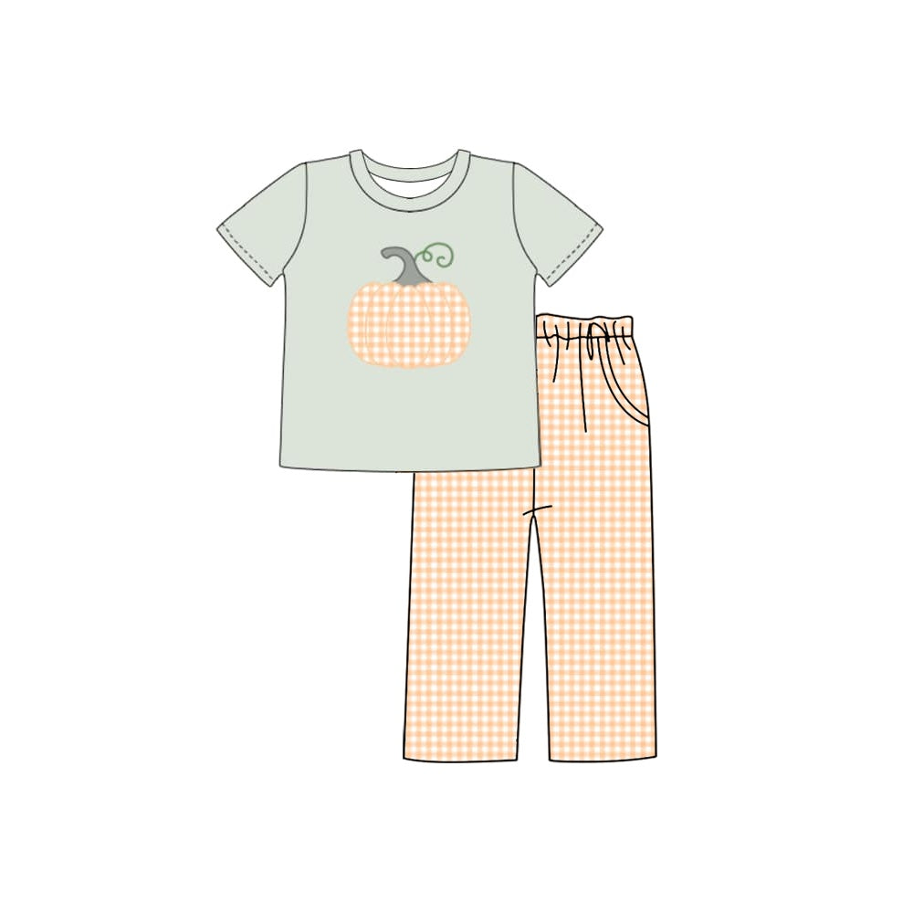 Baby Girls Green Checkered Pumpkin Shirt Pants Clothes Sets Preorder