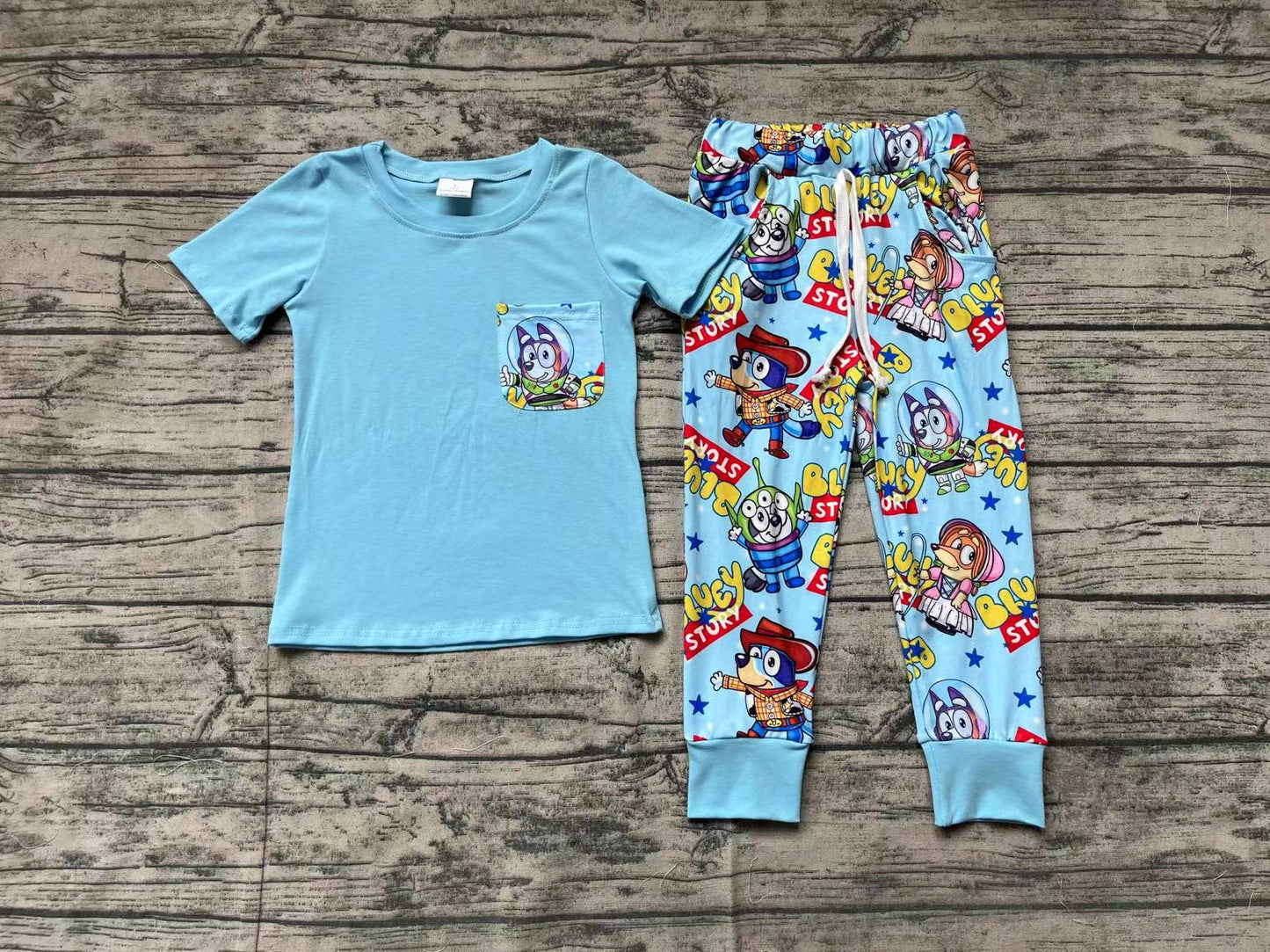 Baby Boys Dogs Blue Short Sleeve Pocket Shirt Pants Clothes Sets